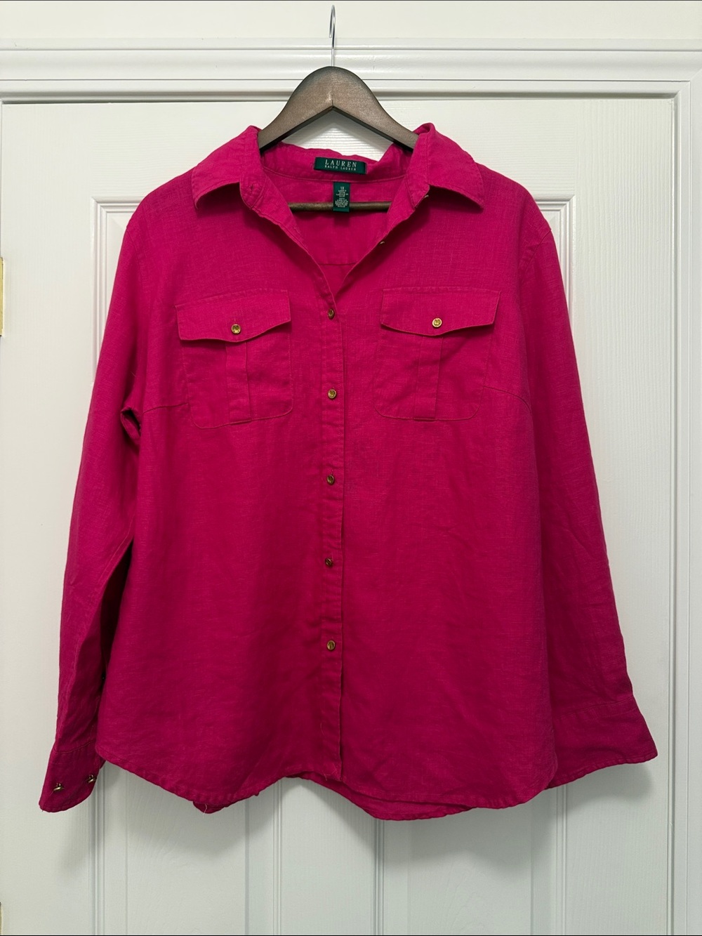 Ralph Lauren fuchsia linen bottoms down shirt sz Xl